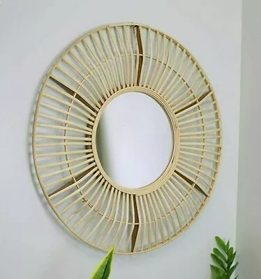 Large Bamboo Rattan Wall Mirror Round Wicker Cane Boho Sunburst Willow 70cm • £39.95