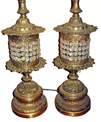 Vtg PAIR Hollywood Regency Brass Crystal Prism Boudair Table Lamps MCM Waterfall • $149.99