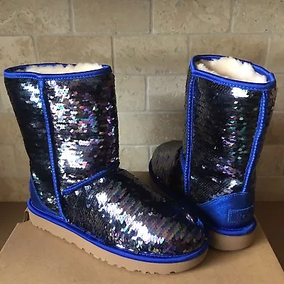 UGG Classic Short Navy Blue Sparkles Sequin Sheepskin Boots Size US 6 Womens • $161.49