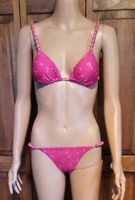 VIX Paula Hermanny 2 Pc. Bikini HOT PINK W/Light Pink Polka Dots & Beads Sz. Sm • $56.99