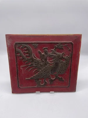 £0.99 • Buy Antique Chinese Carved Hardwood Panel Sage Phoenix Red Lacquer  