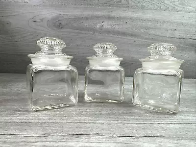 Vintage Lot Of 3 Square Clear Glass Apothecary Jars With Ground Glass Lid • $29.54