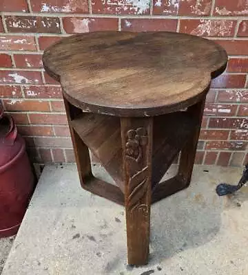 Vintage Oak Plant Fern Stand Table 2 Tier Clover Top Carved Floral Legs • $101.99