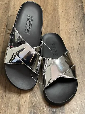 *NEW!* Victoria's Secret PINK Chrome Silver Dog Flip Flops Slides Medium 7/8 • $29.77