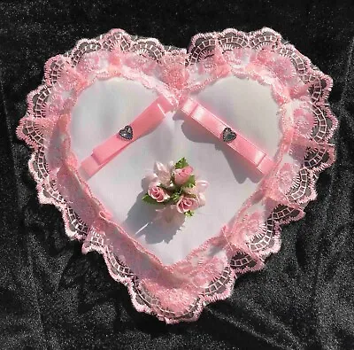 Pink Baby Pink Rose Pink Wedding Ring Pillow Lace Heart Shape Bridal Cushion • £19.99