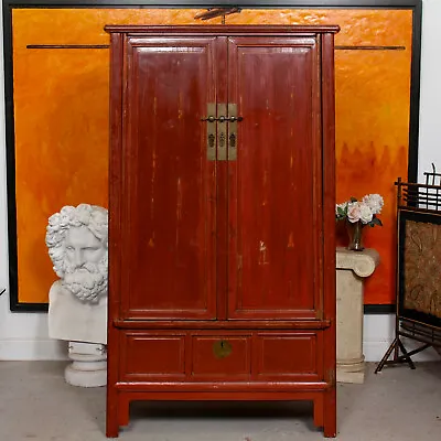Antique Chinese Cupboard 19th Century Red Lacquer Tall Linen Cabinet • £2400