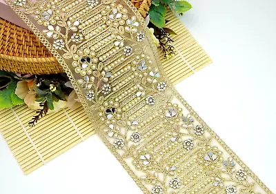 1 YARD Gold MIRROR EDGING METALLIC COLOUR INDIAN TRIM WEDDING DRESS EMBELIS 95MM • £9.99