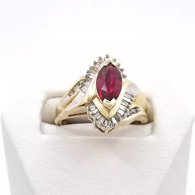 14k Gold Lab Created Marquise Ruby Natural Diamond Ring July Birthstone Navette • $399