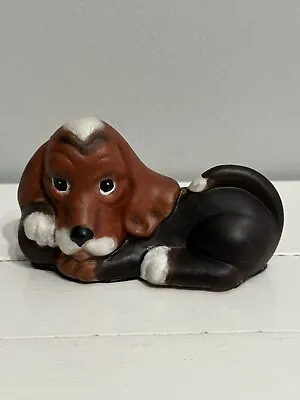 Vintage Ceramic Hand Painted Hound Dog Puppy Figurine Brown Black 4” X 2.5” • $10