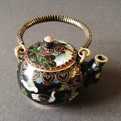 Chinese Vintage Cloisonne Tea Pot Teapot Bronze Brass Copper Enamel Handmade Blk • $19.95