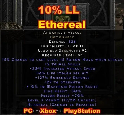 Andariel's Visage Ethereal ⭐ Non Ladder 10%LL Eth Diablo 2 Resurrected D2R SC • $3.30