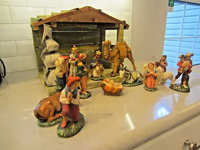 Vintage Nativity Scene 14 Figurines Wood Stable Crèche Christmas Italy Lot • $32.99