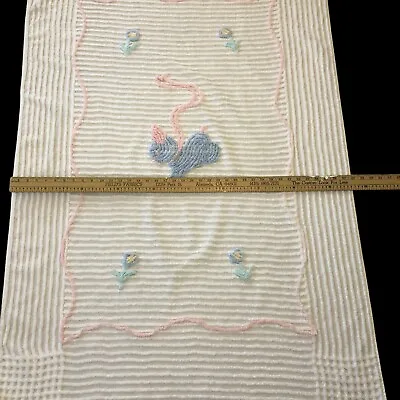 Vtg Chenille Childs Bed Spread Baby Crib Blanket Bunny 38”X 58” Pink & Blue Trim • $24.99