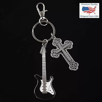 Black Guitar & Design Cross Charm Clip Keychain Music Musician Gift • $7.29