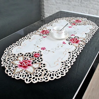 Vintage Embroidered Oval Table Cloth Floral Tablecloth White Lace Doilies 15x33  • $9.33