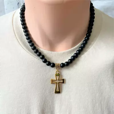 Matte Black Onyx And Gold Cut Out Cross Mens Beaded Necklace • $30