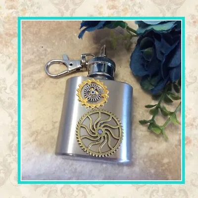 New Silver Mini Steam Punk Keychain 10z Flask Clasp Gears Gift Custom Small Fun • $19