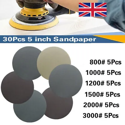 30Pcs 125mm Wet & Dry Sanding Discs Sandpaper Hook & Loop Pads Grit 800-3000 UK • £5.95