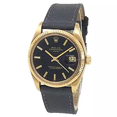 Rolex Date 18k Yellow Gold Grey Leather Automatic Black Men's Watch 1503 • $5190