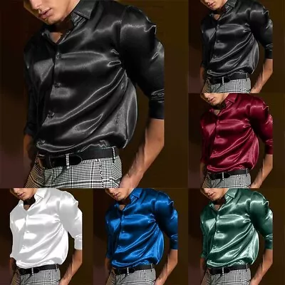 Mens Satin Silk Dress Shirt Long Sleeve Casual Button Down Shirts Wedding Party • $23.44