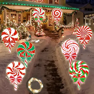 Christmas Decorations Peppermint Candy Yard Signs Stakes W/ LED Lights Gift 8PCS • $26.54