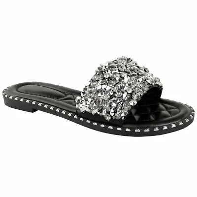 £9.99 • Buy Womens Flat Summer Sandals Diamante Studs Sliders Slides Holiday Slip On Mules
