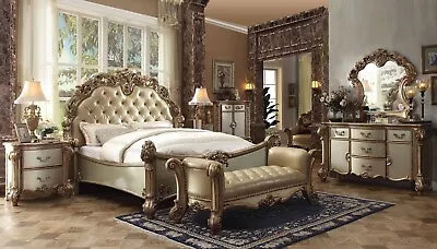 Old World Gold & Cream Leatherette 5pcs Bedroom King Or Queen Size Bed Set IAAA • $5588.76