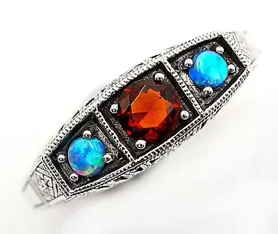 1CT Natural Fire Garnet & Opal 925 Sterling Silver Nouveau Style Ring Sz 6 FT1 • $14.99