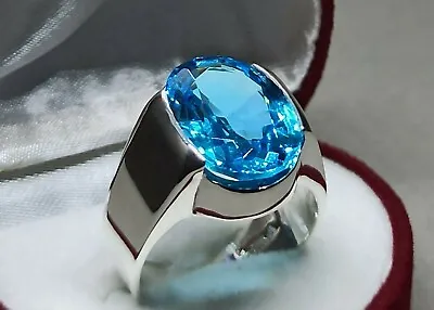 Oval Cut 11 Carat Blue Topaz Mens Ring Sterling Silver 925 Handmade Plain Ring • £100