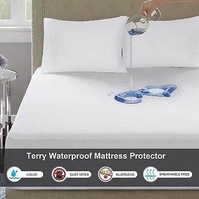$15.99 • Buy Fully Fitted Mattress Protector Waterproof Terry Cotton Bed Soft Cover All Sizes