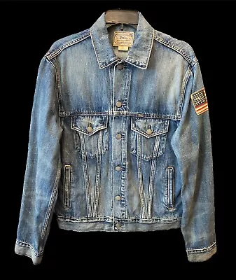 0805) Polo Ralph Lauren Denim Trucker Jacket American Flag Patch Size Medium M • $79