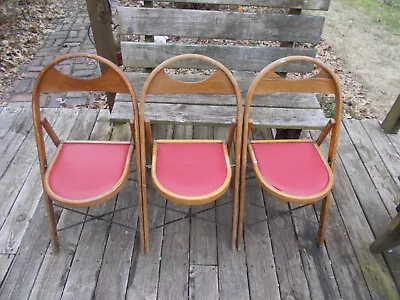 3 Vtg Antique Bentwood Folding Chairs-Red Vinyl Padded Seats-Farmhouse-Funeral • $135