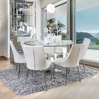 ON SALE - Modern Dining Room Glass Round Table & White Chairs Set Furniture ICC3 • $1864.91