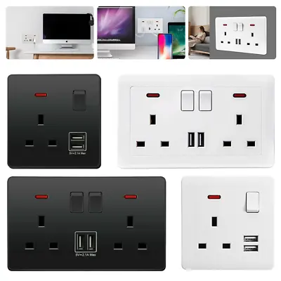 Double Wall Socket 13 Amp 2 Gang Switch USB Electric Charger Power Port UK Plug • £6.69