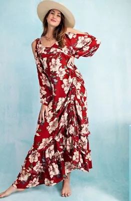 Maxi Dress Size 16-18 Cold Shoulder Red Floral Ruffle Long A-Line Xmas Or Party • $24.50