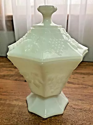 VTG Anchor Hocking Milk Glass Candy Dish With Lid Grapes Pattern 8 H X 5.5  W • $12.99