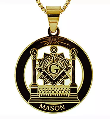 Masonic Pillars Pendant - Gold Tone Steel  Freemason Altar Square & Compass • $25.99