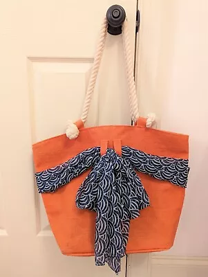 Mud Pie Orange And Blue Jute Sarong Along Tote Beach Bag Rope Handles Summery! • $9.99