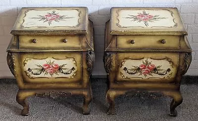 Antique Decorated Floral Pattern Pair Of Cabriole Leg Bedside Cabinets - CS B78 • £14.99