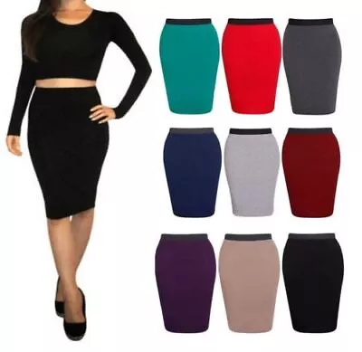 £6.69 • Buy Ladies Plain Office Stretch Bodycon Midi Pencil Skirt Plus Size UK 8-26_Wggle