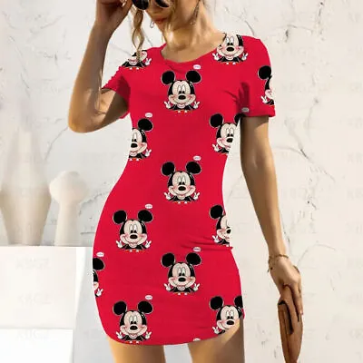 Mickey Minnie Mouse Motif Print Summer Short Sleeve Short Sexy Mini Slim Dress • $21.98