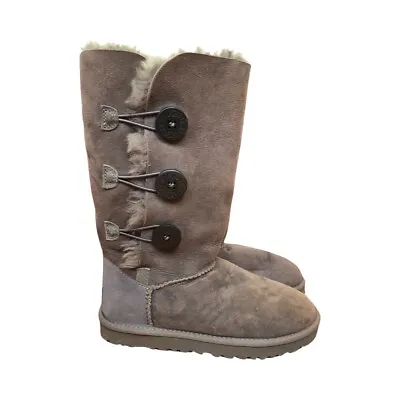 UGG Women's Bailey Button Triplet Tall Charcoal Grey Suede Boots 1873 Sz 5 • $53.99