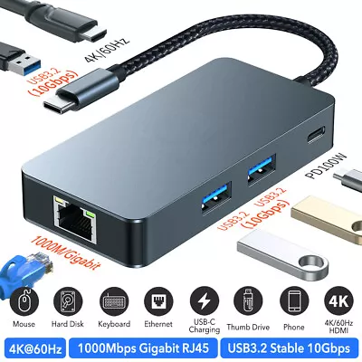 Type C HUB USB 3.2 HDMI 1000Mbps RJ45 PD 100W Charger For MacBook Pro Splitter • $34