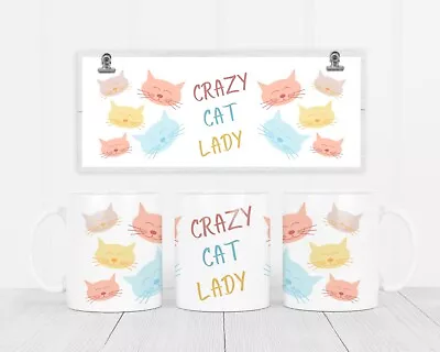 CRAZY CAT LADY Full Mug Wrap Multi Cat Faces Pastel Colours A Gift For Cat Lover • £5.99