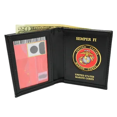 U S Marine Corps Military Mens Black Leather Bi Fold Billfold Medallion Wallet • $31.82