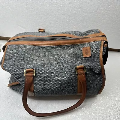 Vintage Hartman Tweed Leather Handle Duffle Bag Weekend Travel Plastic Lined 15” • $44