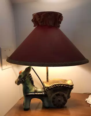 VTG. RARE Donkey Pulling Cart Lamp With Original Shade Chalk Ware Hand Painted • $225