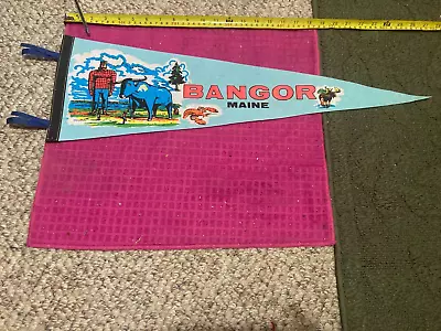 Rare VTG BANGOR Maine SOUVENIR Full Size Pennant PAUL BUNYON Babe MOOSE Lobster • $29.69