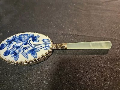Antique Oriental Hand Mirror Jade Handle Silver & Blue Floral Porcelain Inlay • $25
