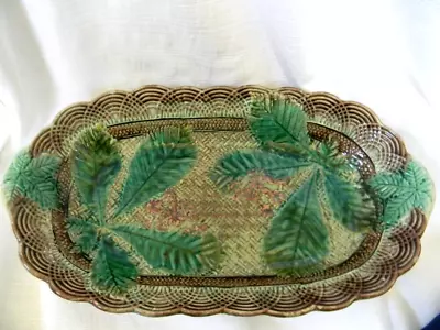 Antique 1800s MAJOLICA TRAY OBLONG PLATE 14  Pottery Leaves Flowers Basket Weave • $79